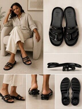 Melissa Telfar  Black Glossy Triple-Strap Slide Sandals - Women Size 10 NWOT